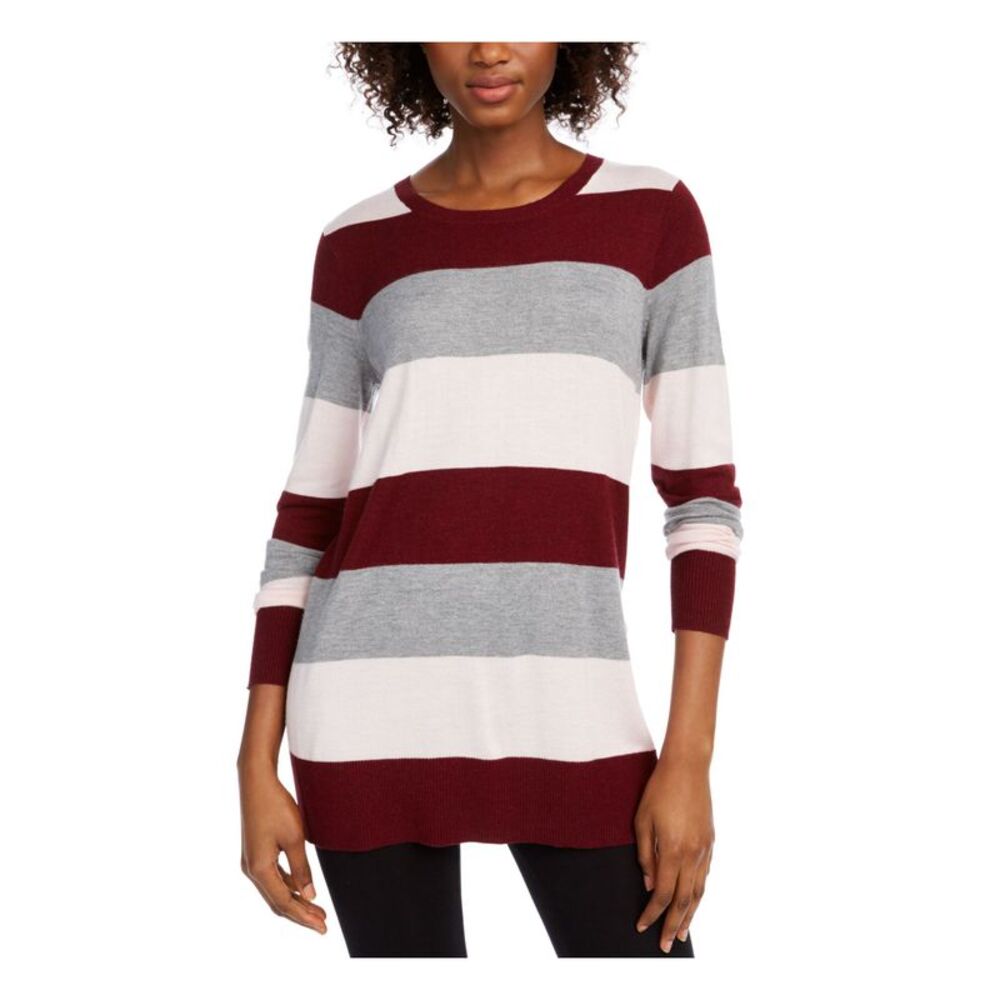 MAISON JULES Womens Burgundy Color Block Long Sleeve Jewel Neck Sweater Size: S